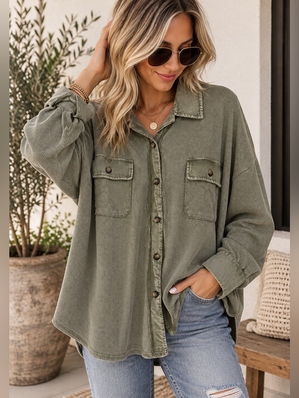 Light Olive Waffle Button-Up